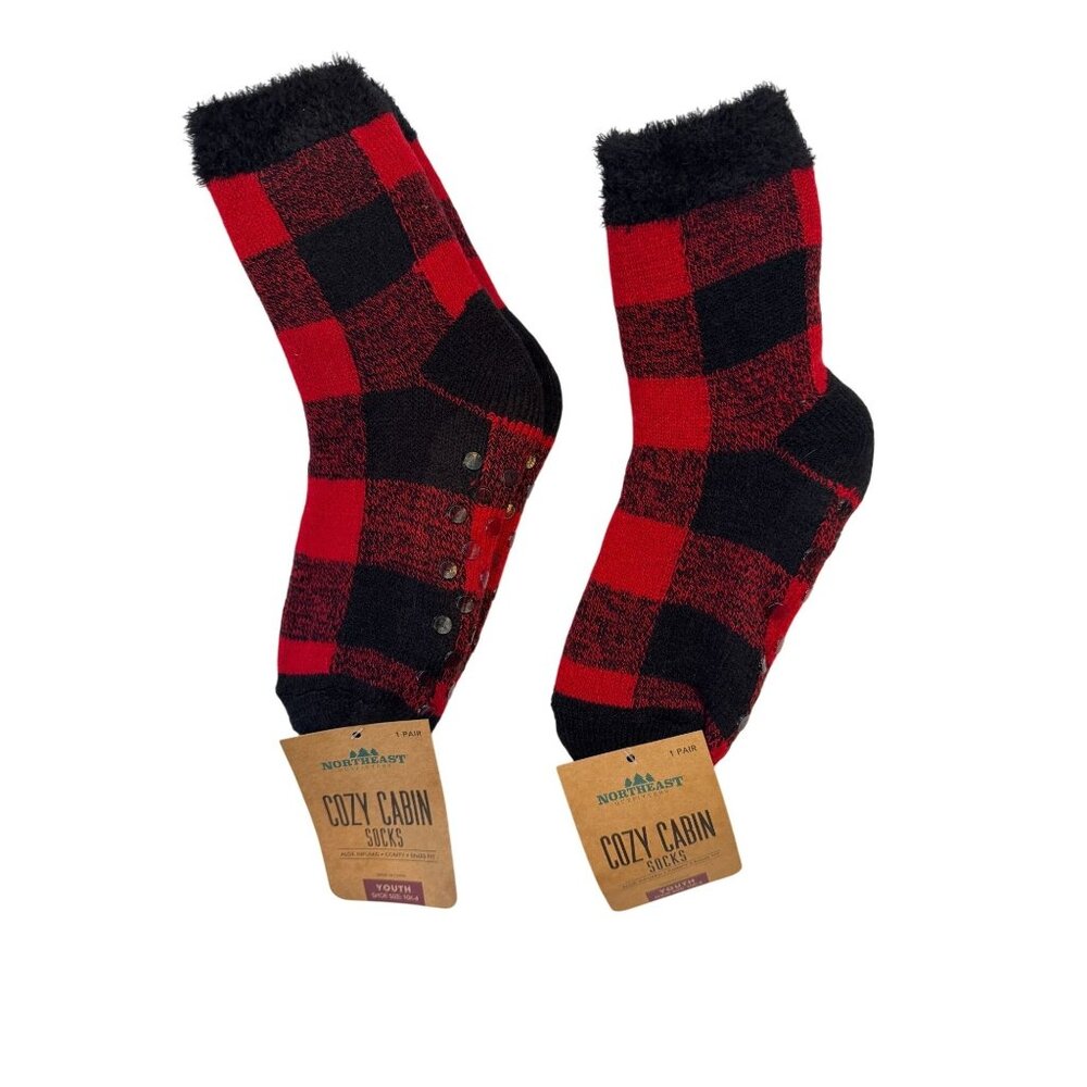 2/$30 NWT Northeast Outfitters Cozy Cabin Youth Socks Red & Black Plaid Snug Fit
